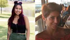 Dos estilistas codo a codo elegidas como las que menos residuos genera: Tiffany Guaglinore, de Adolf Bieker Salon en Strafford, Pensilvania, y Jessica Dinh, de Head Case Hair Studio en Keller, Texas