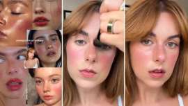 Este look de belleza se caracteriza por la aplicación de rubor en tonos rosa-mauve, combinando el color con los labios